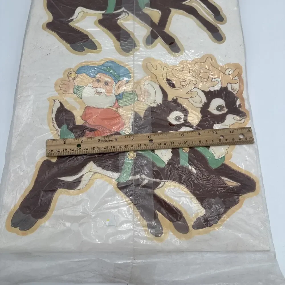 Vintage Flocked Christmas Santa And Sleigh And Reindeer Peck 1984 Die Cut
